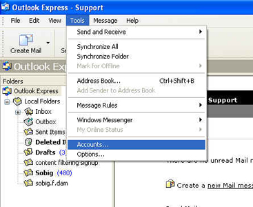 Click on Tools and then Accounts