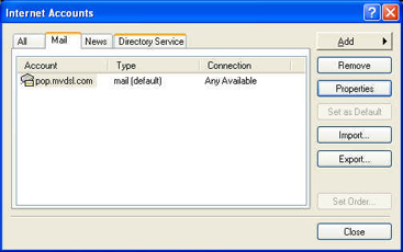 Choose the Mail Tab and highlight the MVDSL account